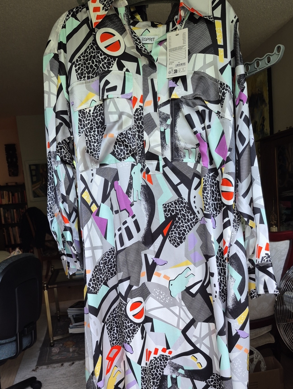 Esprit 100% Silk Geometric Multi Print Maxi Dress long sleeve NWT fits size 10